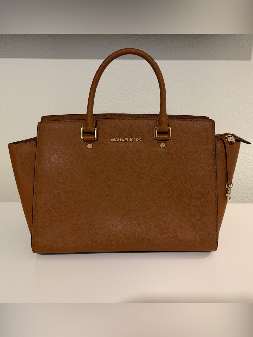 Michael Kors Tan Saffiano Leather Satchel with Gold Hardware